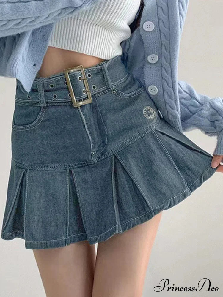 Buckle Belt Low Trendy Waist Denim Mini Skirt Skirts