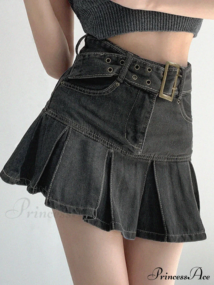 Buckle Belt Low Trendy Waist Denim Mini Skirt Skirts