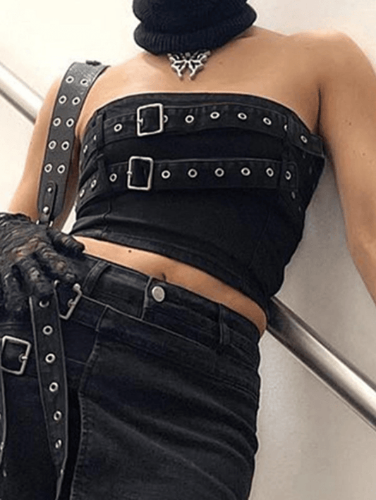 Buckle Belt Strapless Trendy Denim Mini Dress