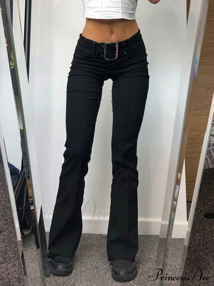 Buckle Belted Graceful Denim Bandeau Top Black / S Flare Leg Pants