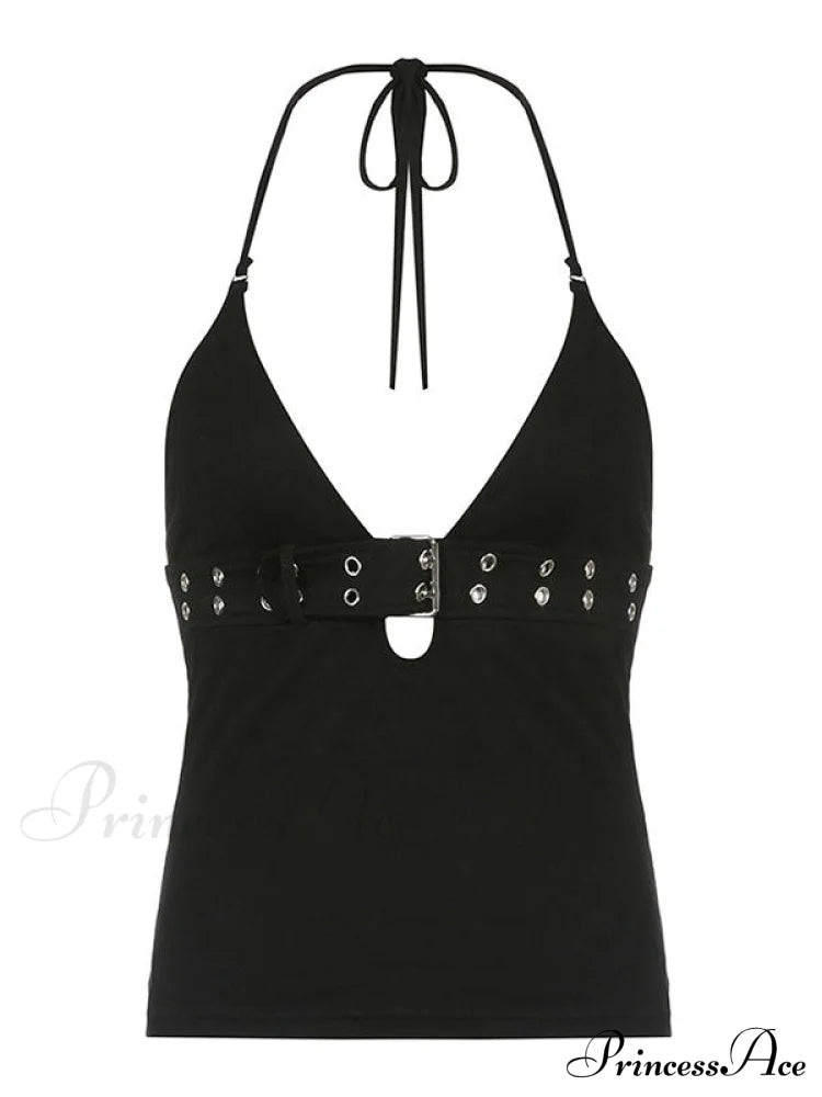 Buckle Strap Black Trendy Bodycon Mini Dress Tank Tops&Camis