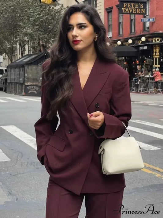 Burgundy Double Breasted Blazer Coat Wine Red / S Coats-241208