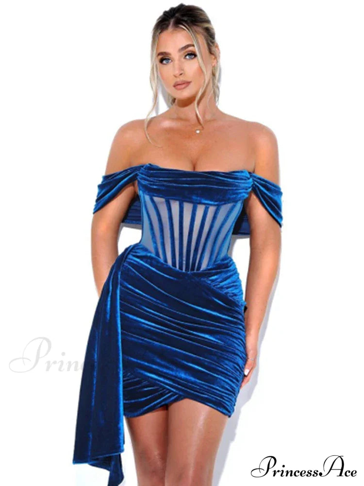 Burgundy Draping Off Shoulder Corset Sexy Velvet Slim Bodycon Mini Christmas Party Dress Blue / S