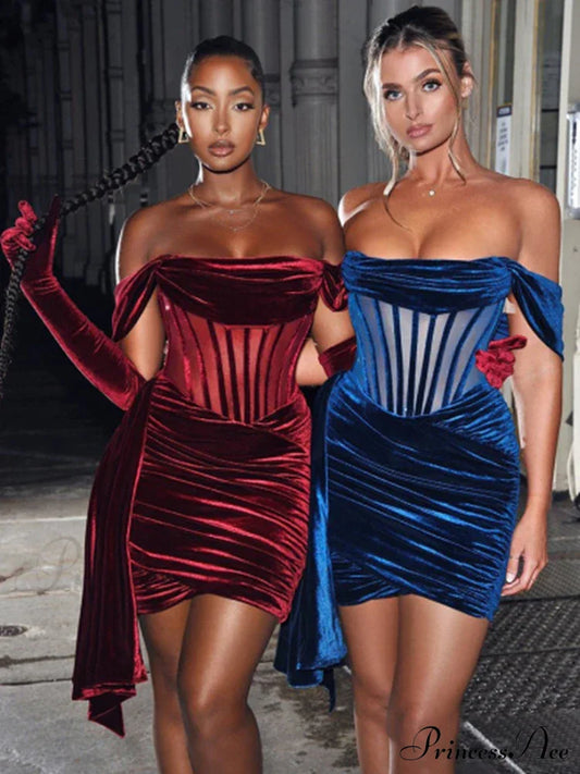 Burgundy Draping Off Shoulder Corset Sexy Velvet Slim Bodycon Mini Christmas Party Dress Dresses-L