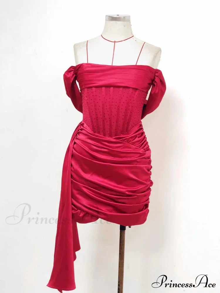 Burgundy Draping Off Shoulder Corset Sexy Velvet Slim Bodycon Mini Christmas Party Dress Red 1 / S