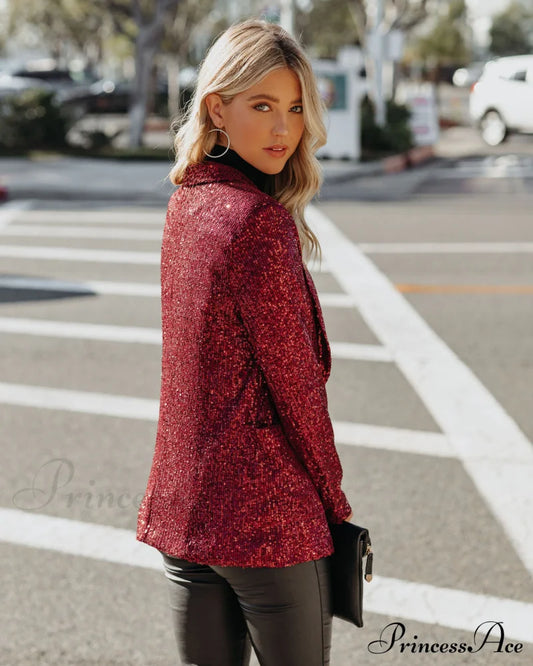 Burgundy Festive Flair Sequin Blazer With Pockets Coats-L