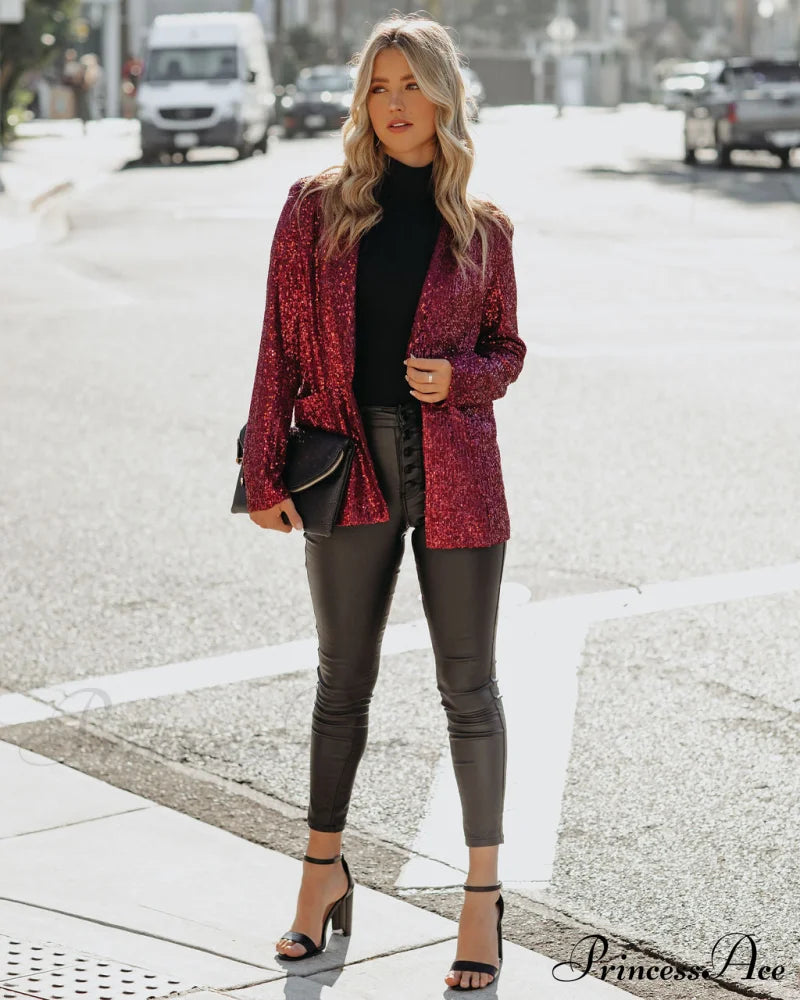 Burgundy Festive Flair Sequin Blazer With Pockets Coats-L