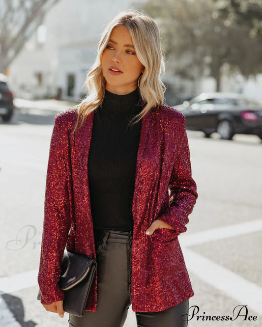 Burgundy Festive Flair Sequin Blazer With Pockets Coats-L