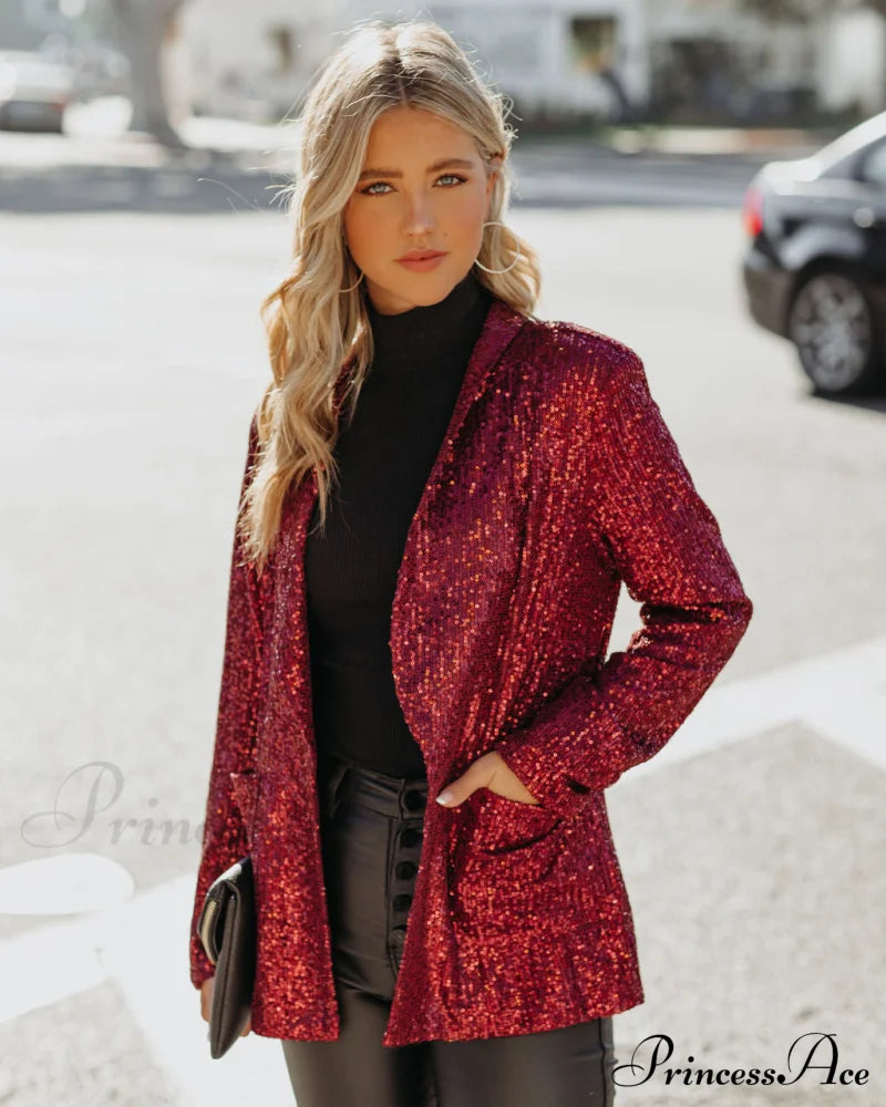 Burgundy Festive Flair Sequin Blazer With Pockets Coats-L