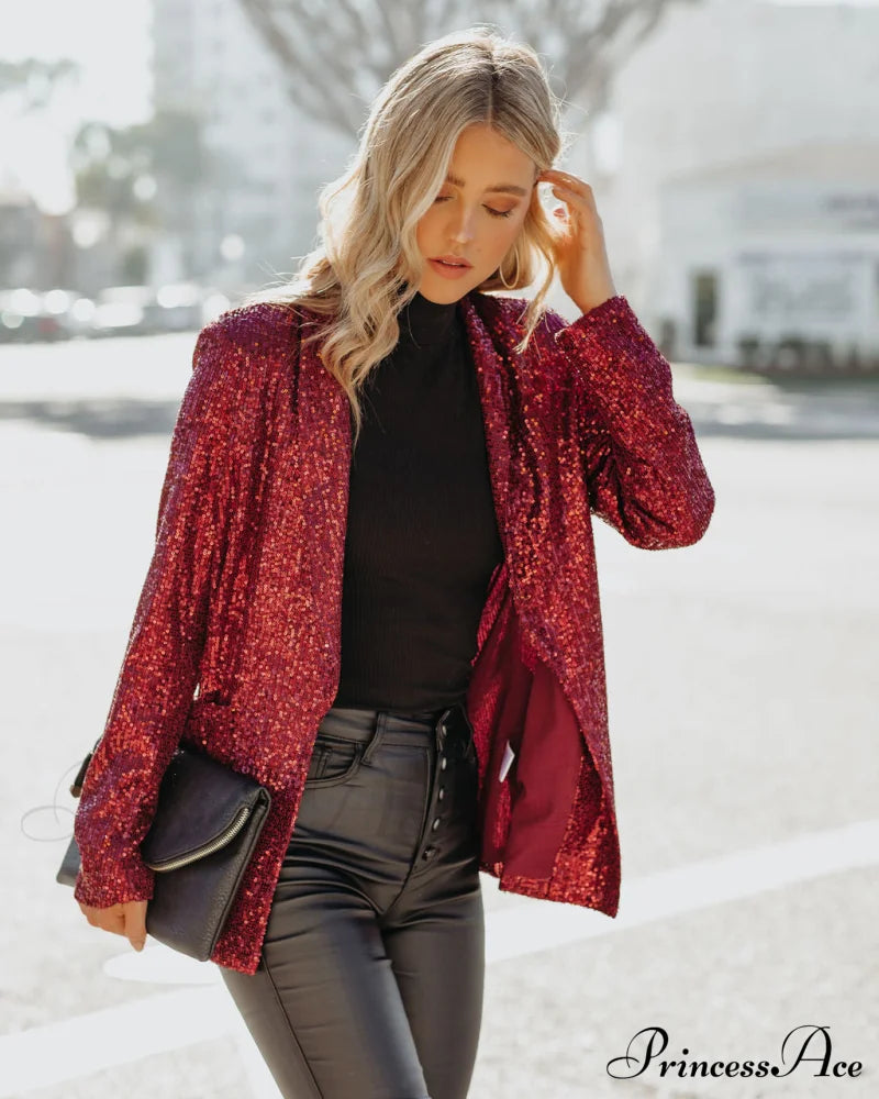 Burgundy Festive Flair Sequin Blazer With Pockets Coats-L