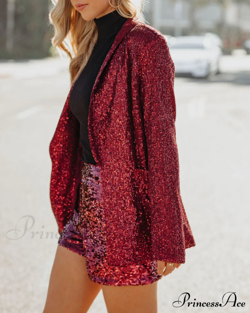 Burgundy Festive Flair Sequin Blazer With Pockets Coats-L