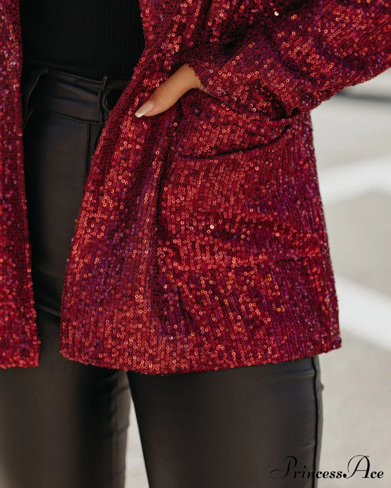 Burgundy Festive Flair Sequin Blazer With Pockets Coats-L