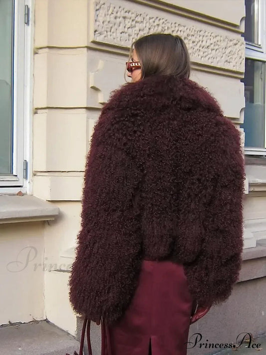 Burgundy Fluffy Faux Fur Coat Coats-241208