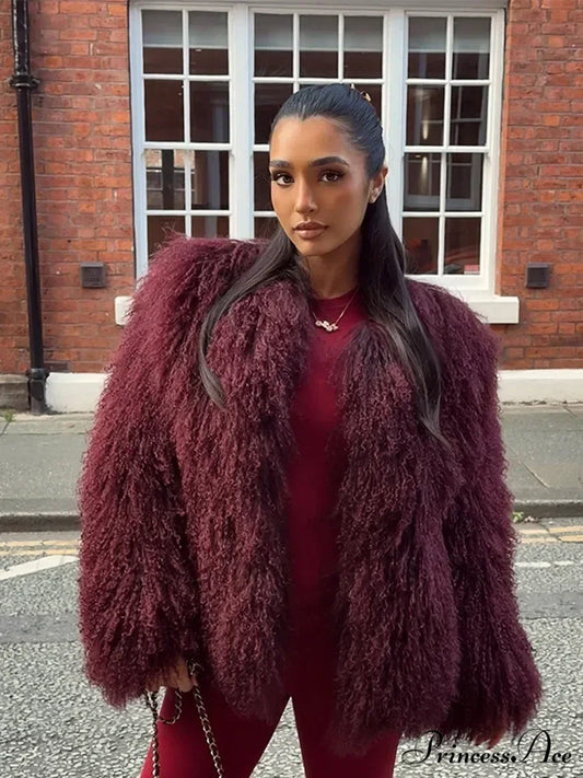 Burgundy Fluffy Faux Fur Coat Wine Red / S Coats-241208