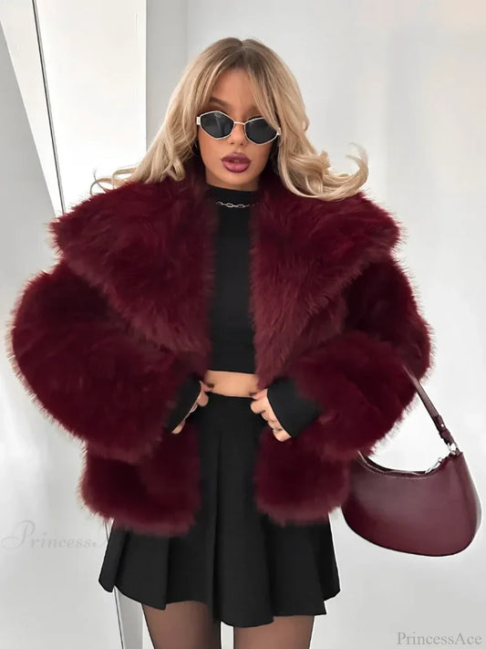 Burgundy Fluffy Lapel Short Coat Wine red / S