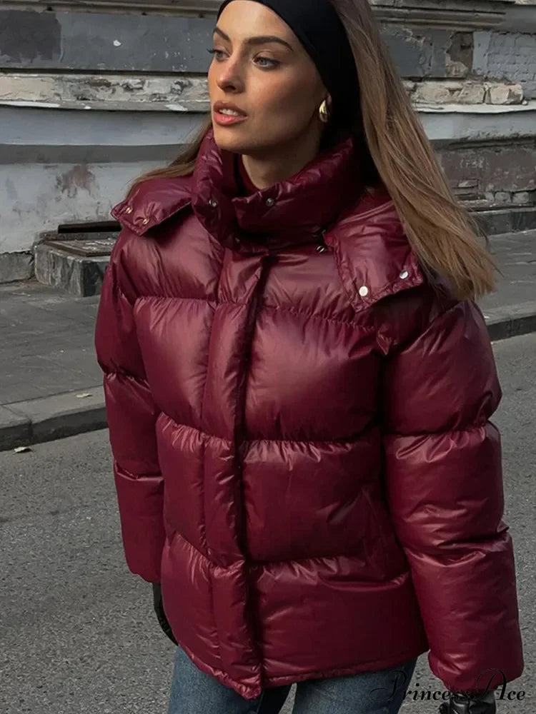 Burgundy Hooded Padded Parka Coat Coats-241208