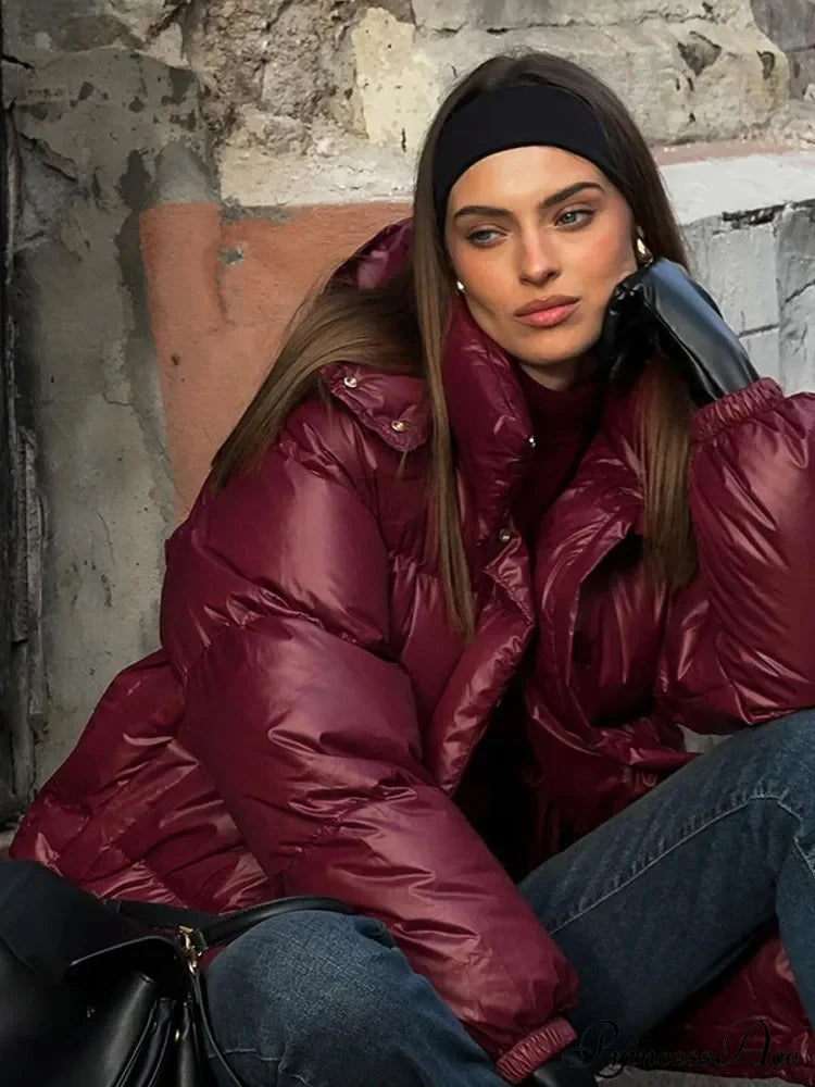 Burgundy Hooded Padded Parka Coat Coats-241208