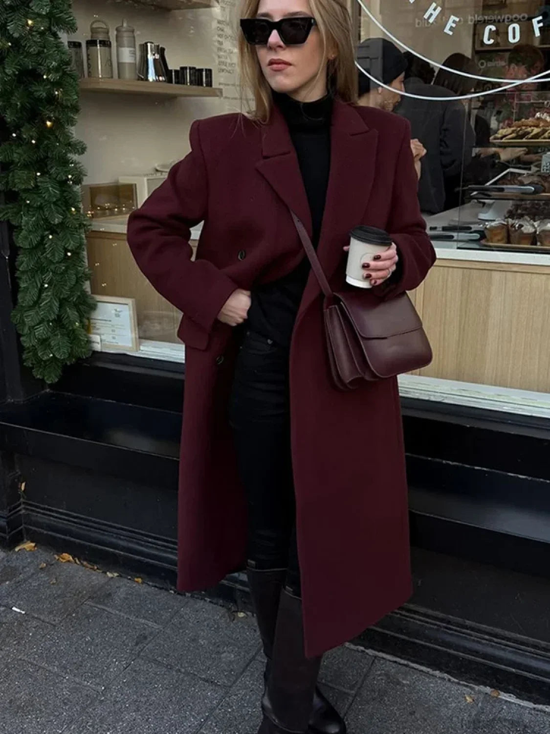 Burgundy Lapel Woolen Double-Breasted Overcoat