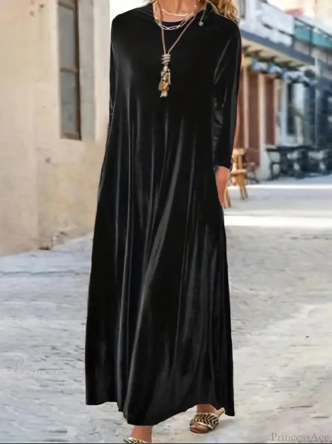 Burgundy Long Sleeve Round Neck Loose Maxi Dress With Velvet Detail M / Black Velvet Burgundy Dress