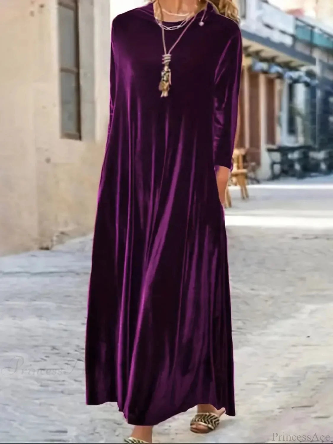 Burgundy Long Sleeve Round Neck Loose Maxi Dress With Velvet Detail M / Purple Velvet Burgundy Dress