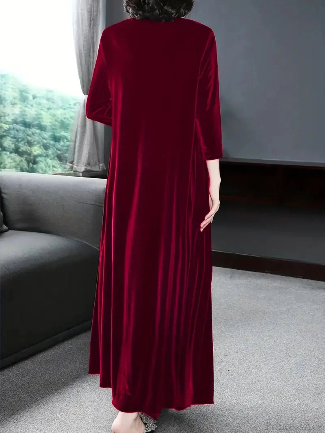 Burgundy Long Sleeve Round Neck Loose Maxi Dress With Velvet Detail M / Green Velvet Burgundy Dress