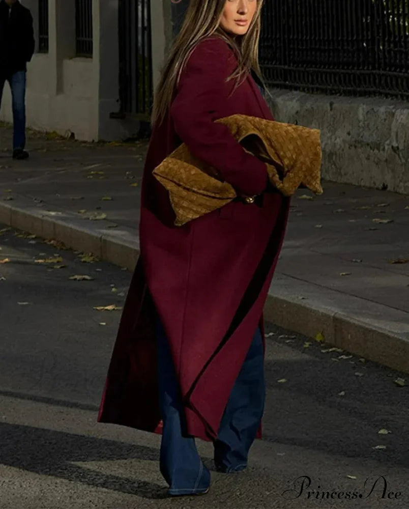 Burgundy Red Double Breasted Coat Coats-241208