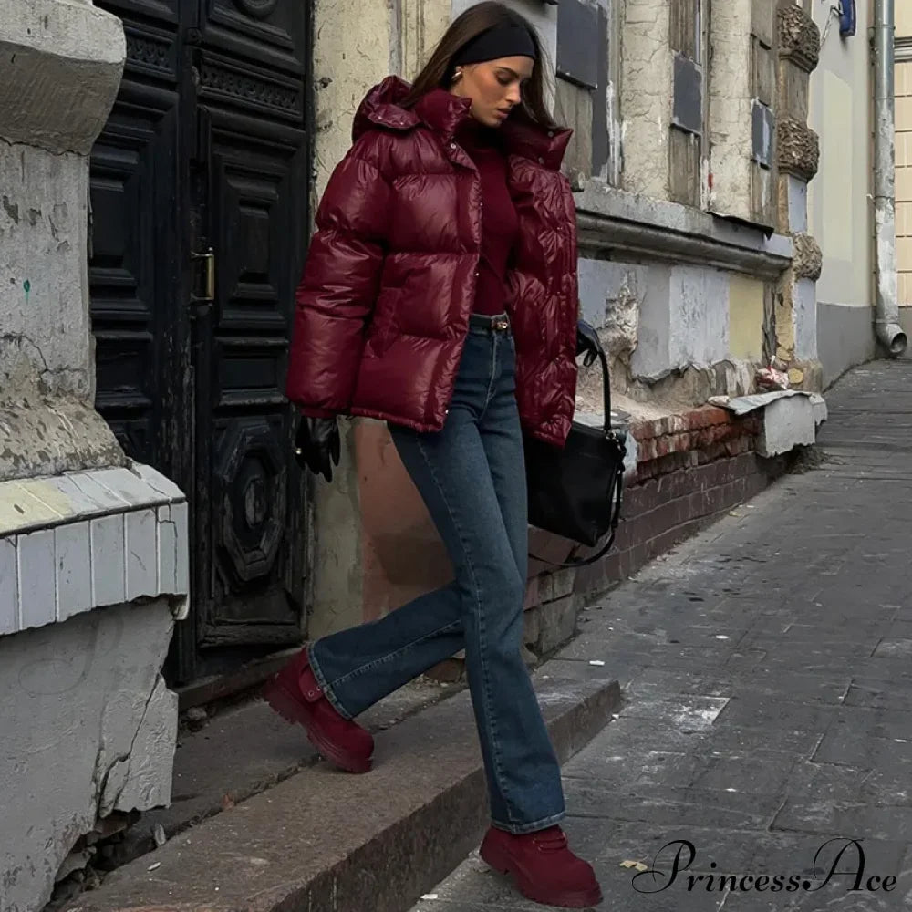 Burgundy Red Stand Collar Parka Coats-241208