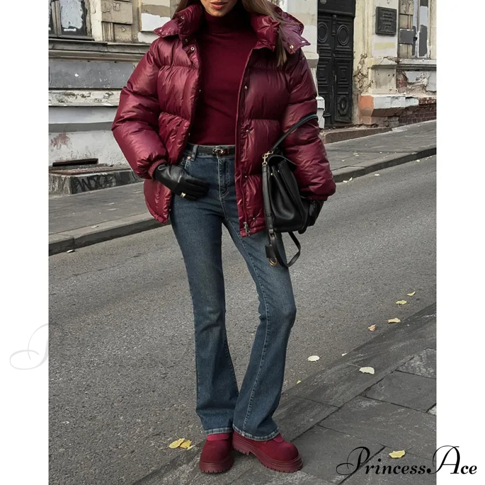 Burgundy Red Stand Collar Parka Coats-241208