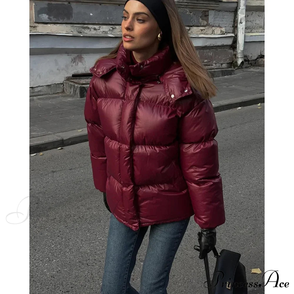 Burgundy Red Stand Collar Parka Coats-241208