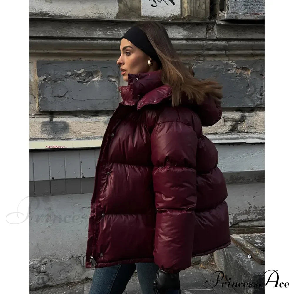 Burgundy Red Stand Collar Parka Coats-241208