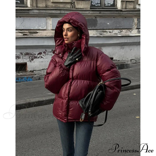 Burgundy Red Stand Collar Parka Wine Red / S Coats-241208