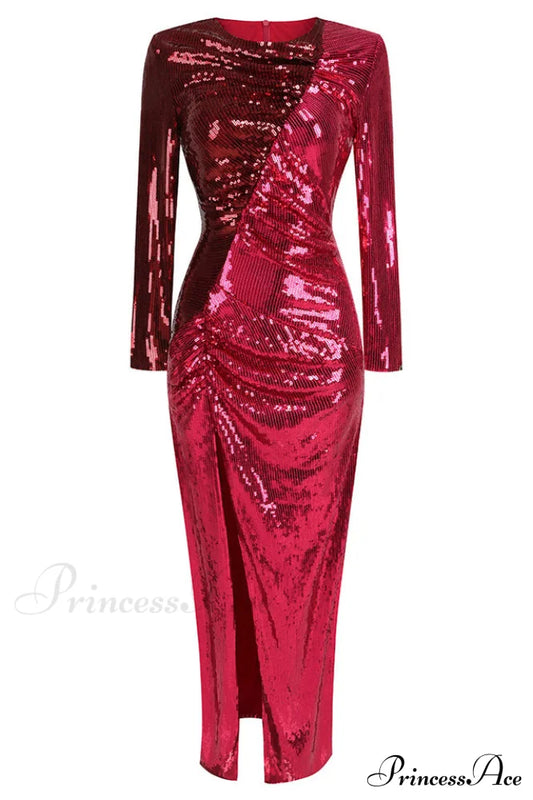 Robe longue élégante à paillettes et fronces bordeaux