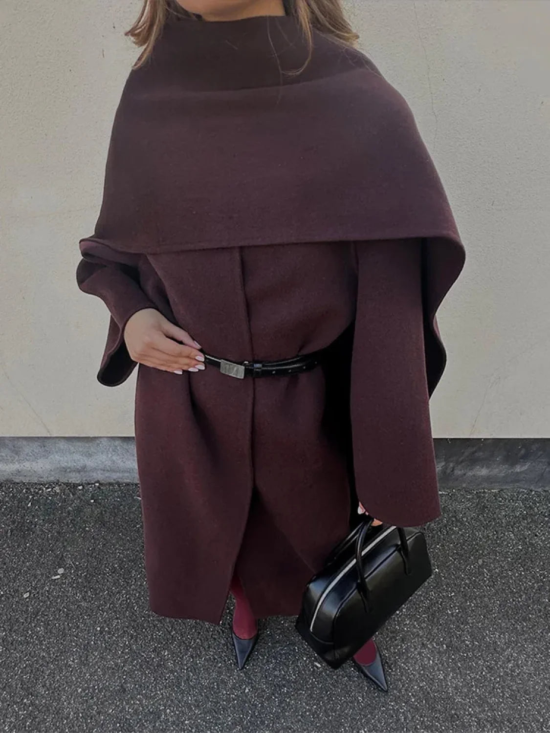 Burgundy Scarf Collar Woolen Coat