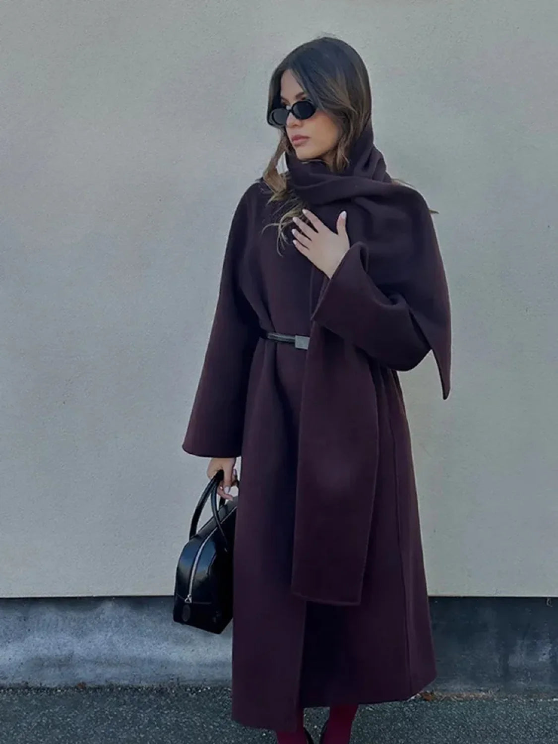 Burgundy Scarf Collar Woolen Coat