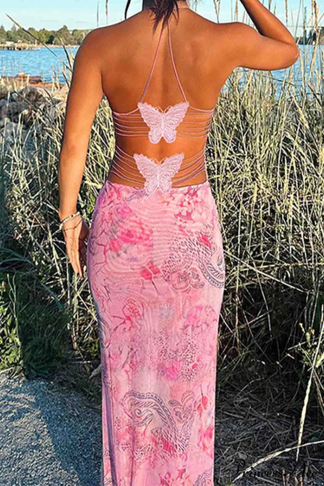 Butterfly Backless Midi Dress With Halterneck Dresses