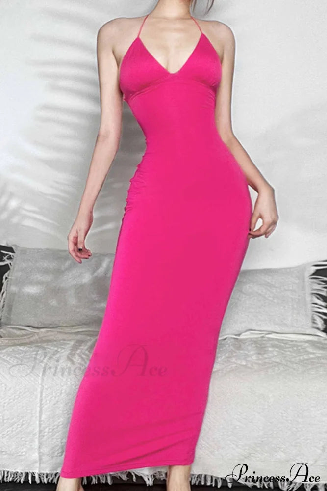 Butterfly Backless Midi Dress With Halterneck Rose / L Dresses