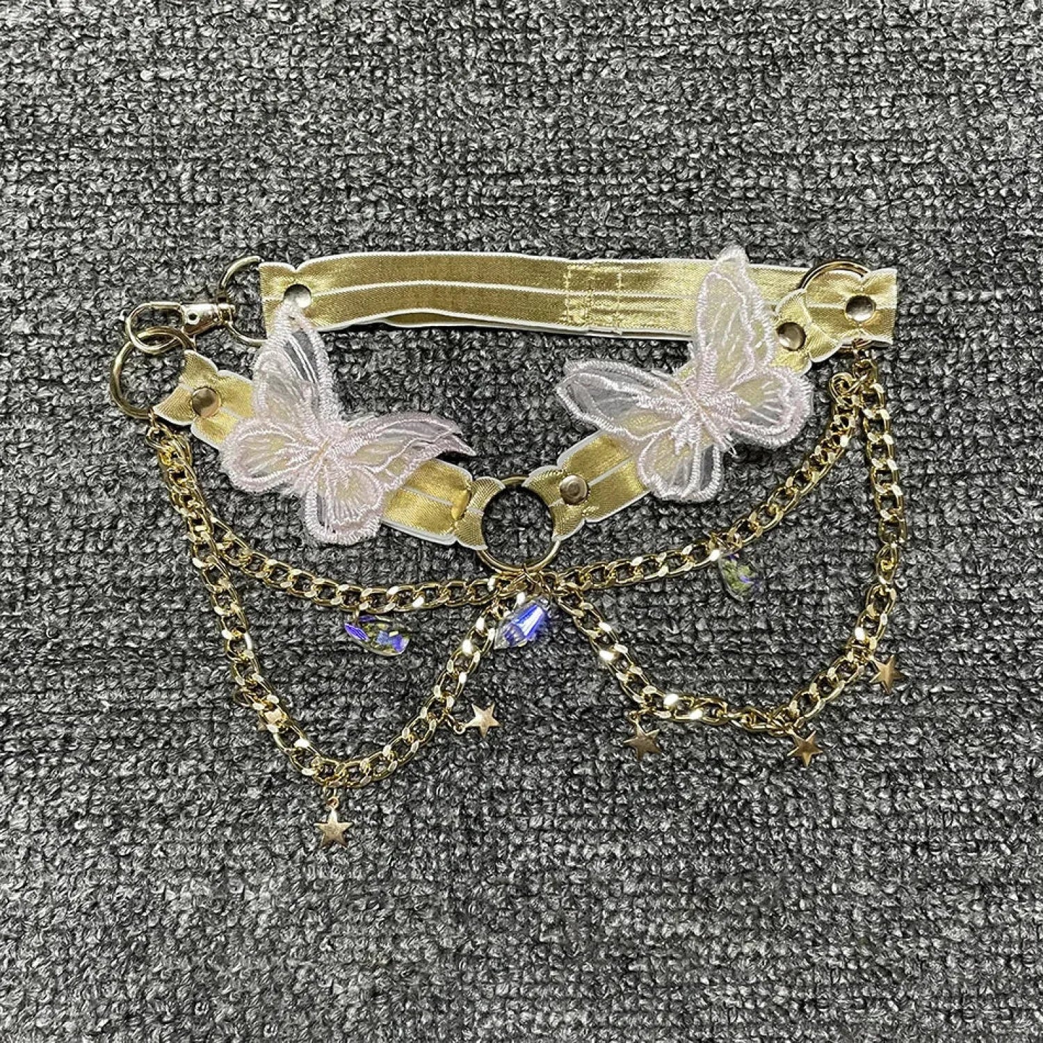 Butterfly Embroidered Crystal Chain Backless Crop Top Gold / One Size croptop-250223