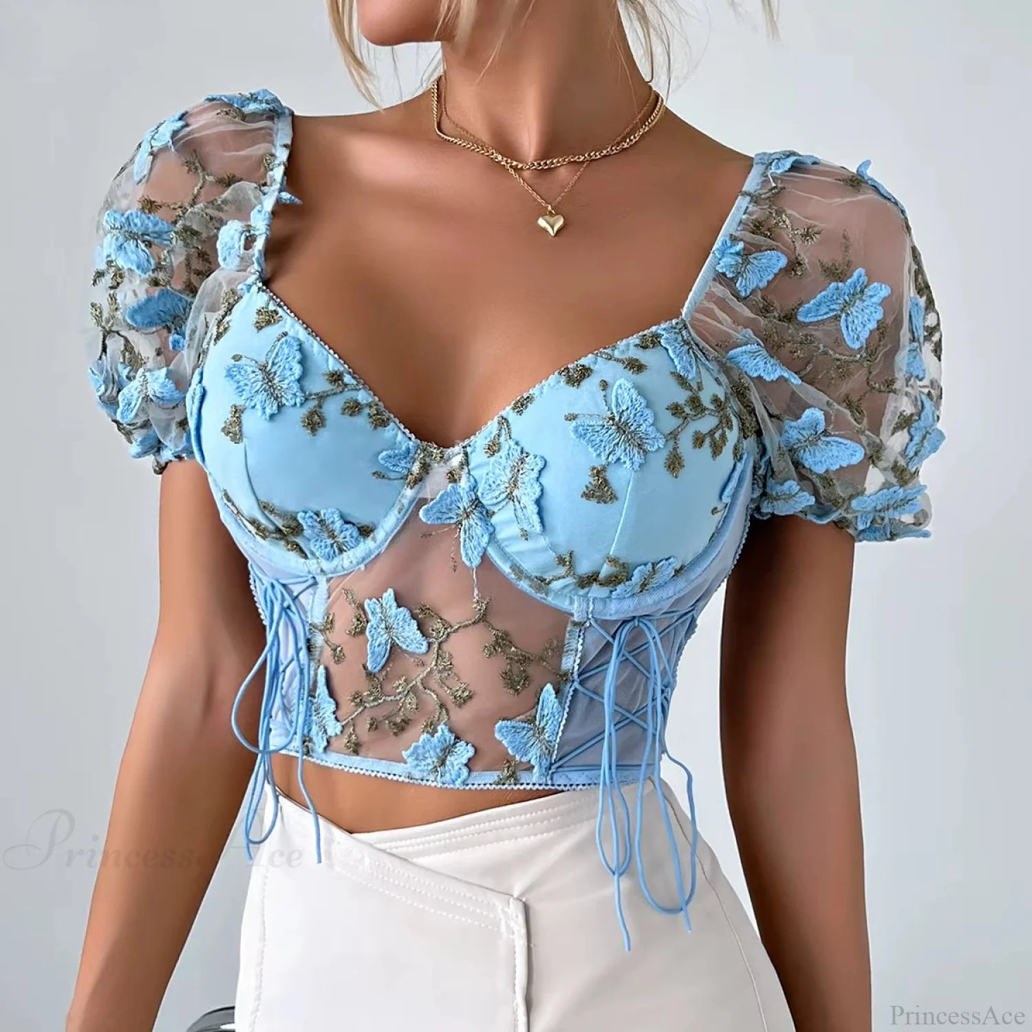 Butterfly Embroidered Mesh Puff Sleeve Lace-up Corset Top croptop-250126