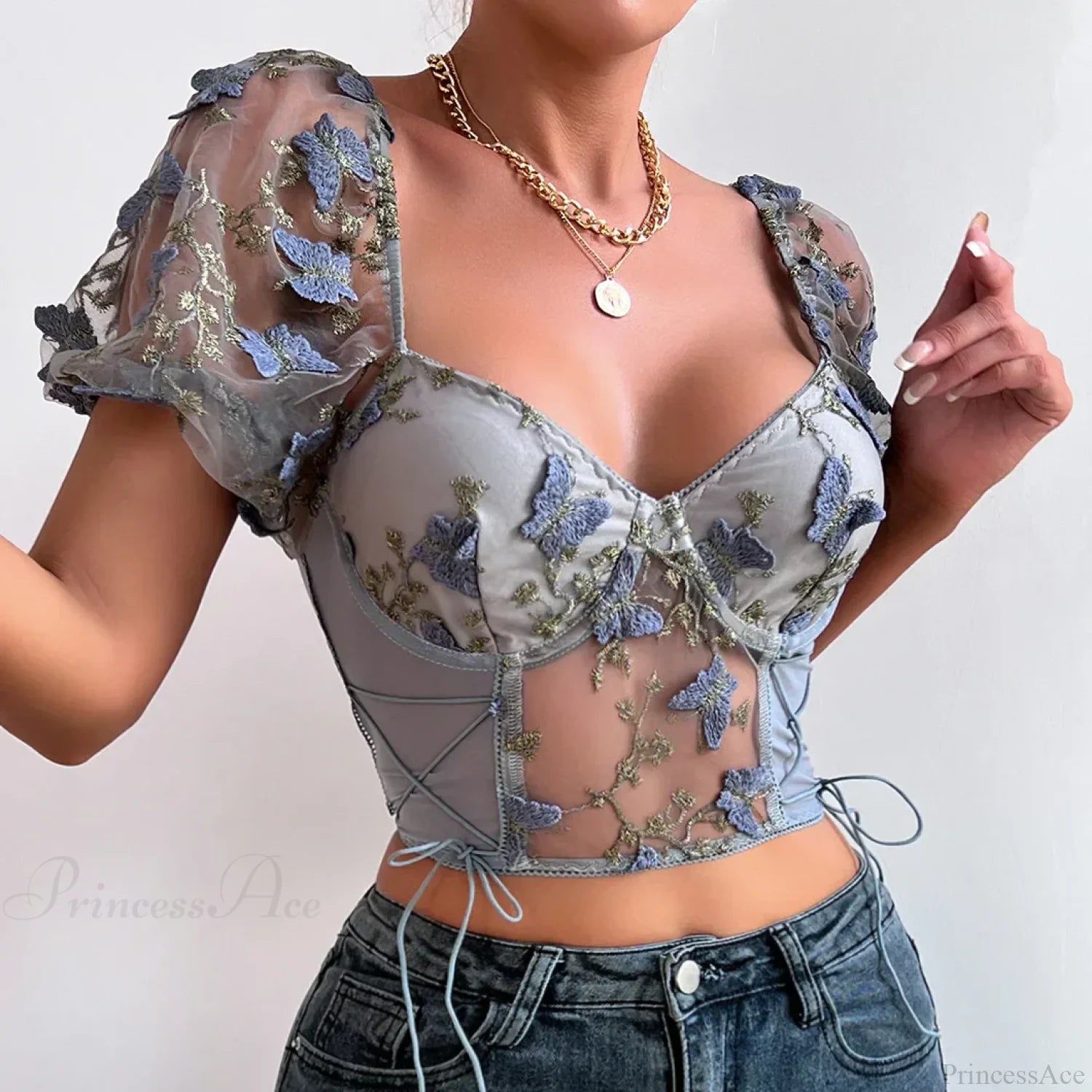 Butterfly Embroidered Mesh Puff Sleeve Lace-up Corset Top Grey / S croptop-250126