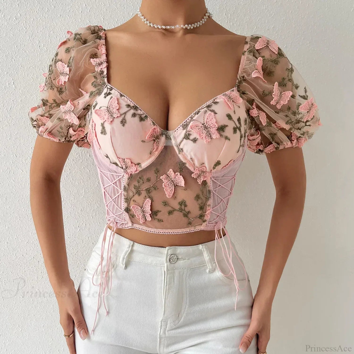 Butterfly Embroidered Mesh Puff Sleeve Lace-up Corset Top Pink / S croptop-250126