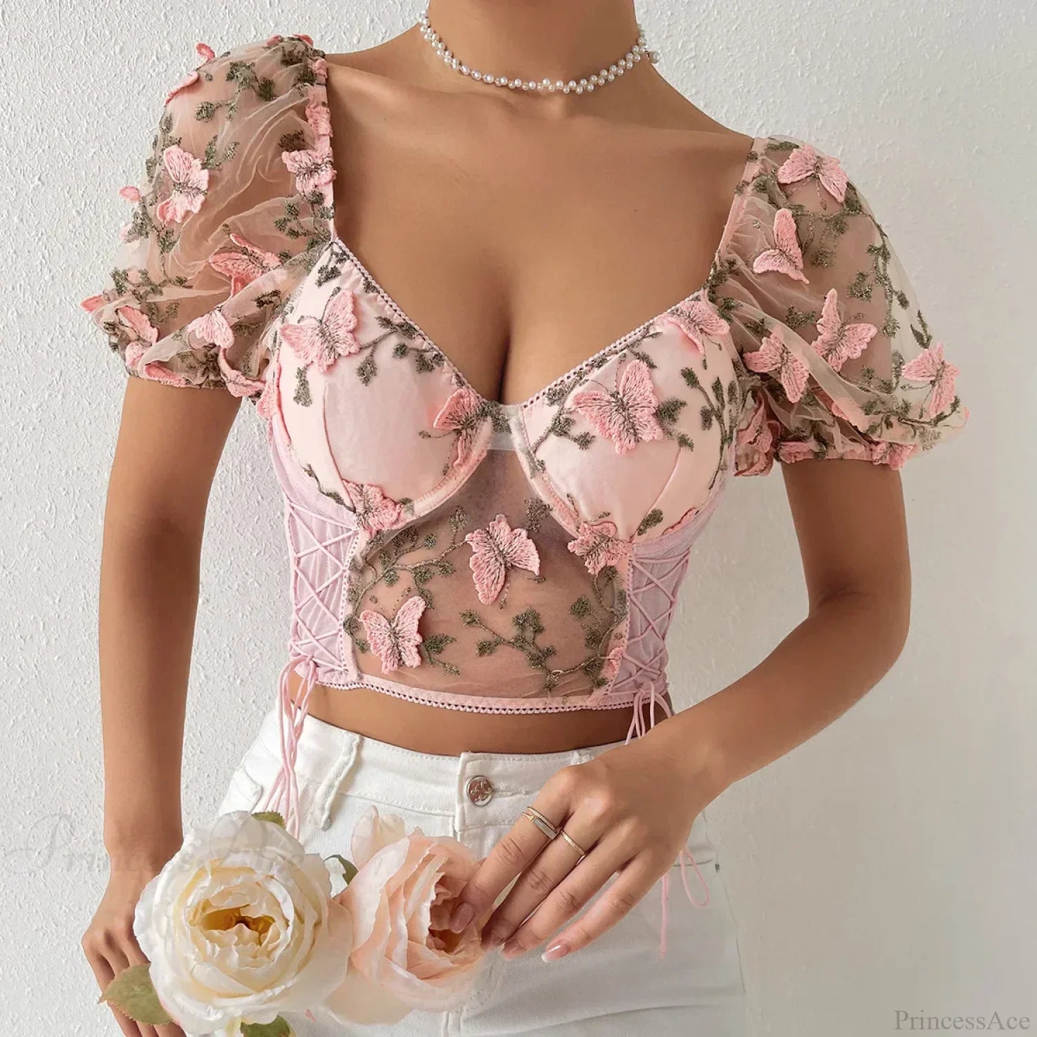 Butterfly Embroidery Mesh Splicing V Neck Slim See-through Crop Top Pink / S croptop-250126