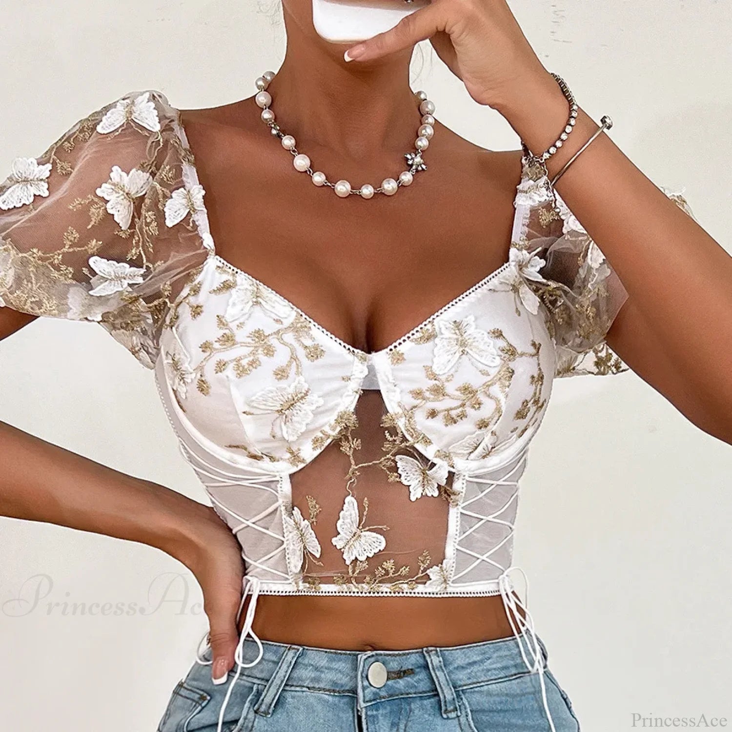 Butterfly Embroidery Mesh Splicing V Neck Slim See-through Crop Top White / S croptop-250126