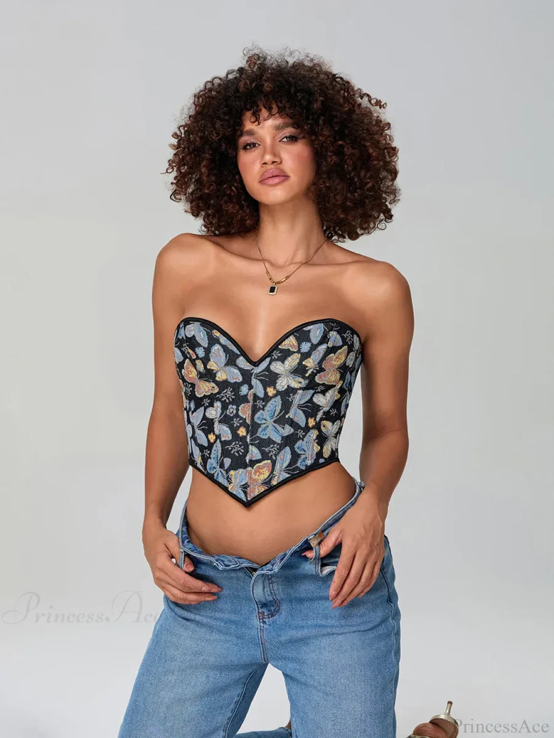Butterfly Print Strapless Bandage Off-shoulder Corset croptop-250126