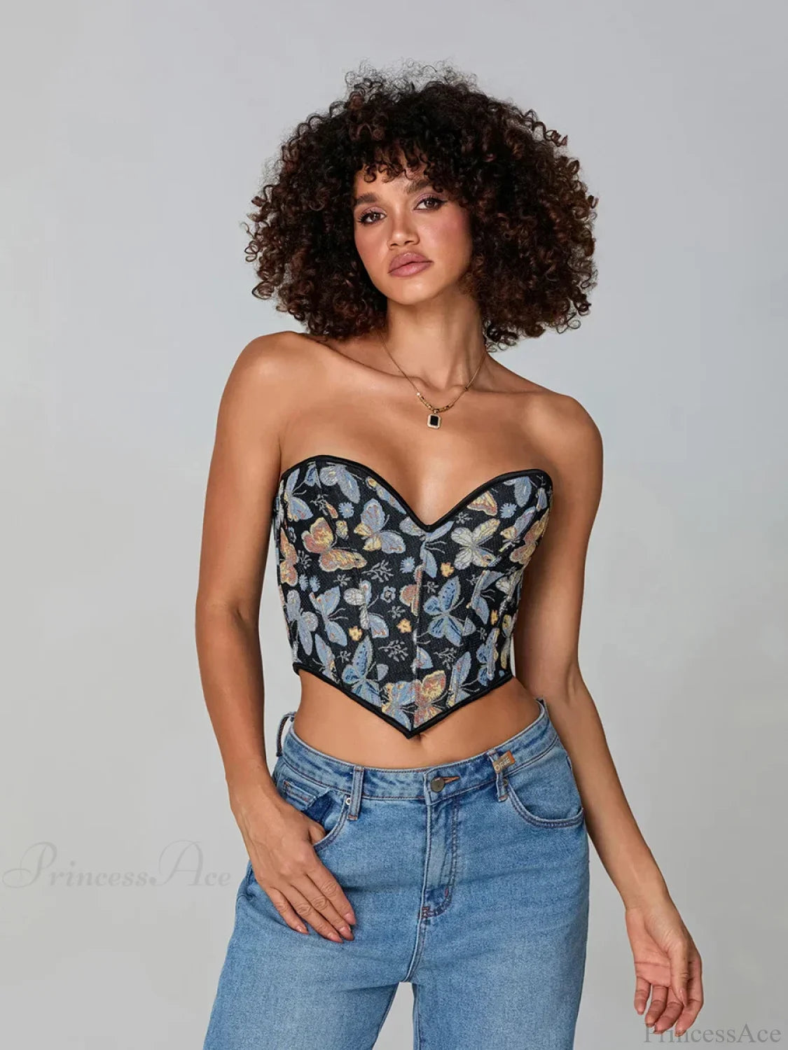 Butterfly Print Strapless Bandage Off-shoulder Corset croptop-250126