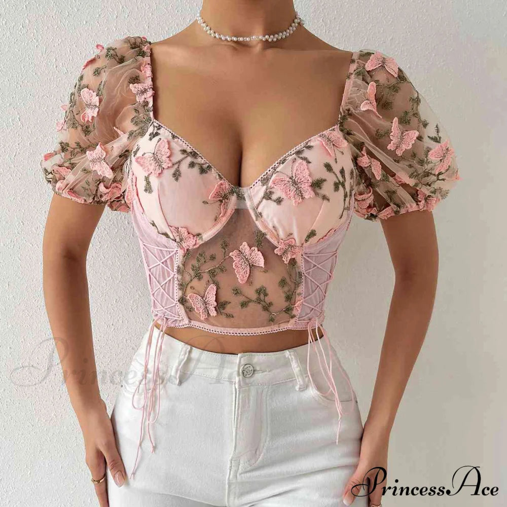 Butterfly Whispers Embroidery Charming Mesh Corset Top