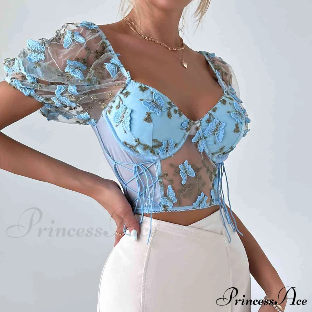 Butterfly Whispers Embroidery Charming Mesh Corset Top