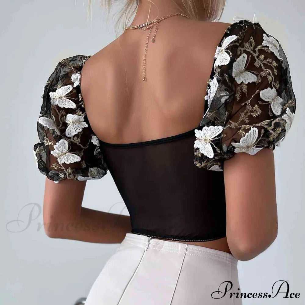 Butterfly Whispers Embroidery Charming Mesh Corset Top