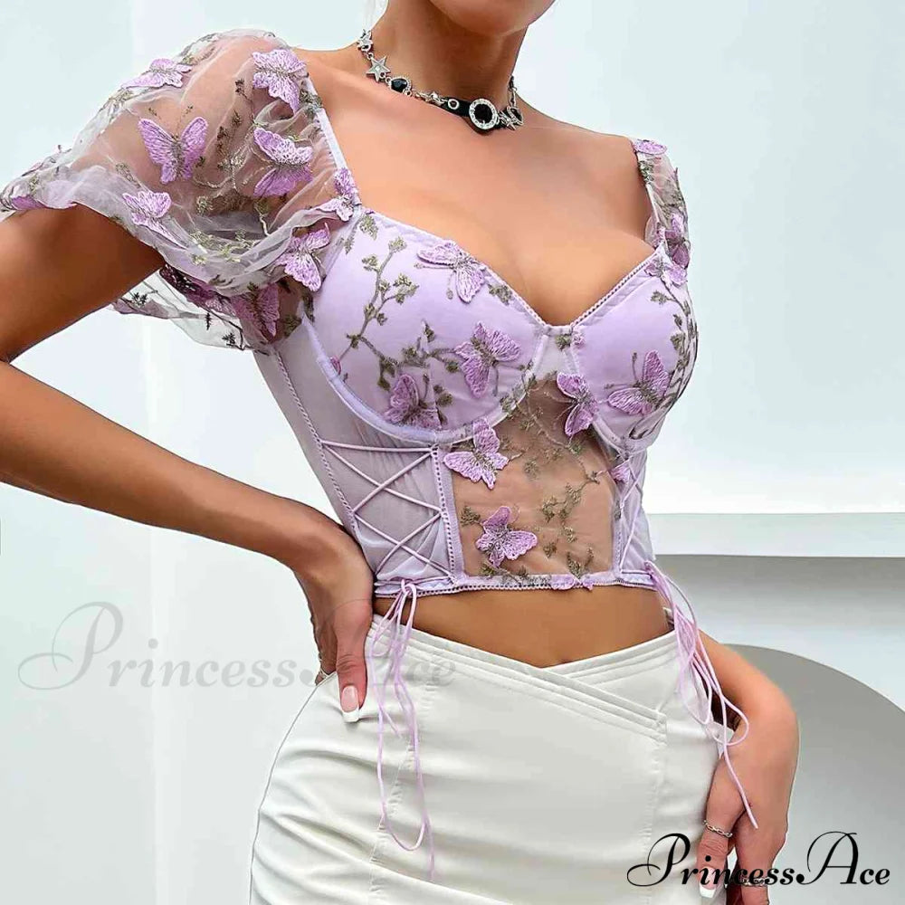 Butterfly Whispers Embroidery Charming Mesh Corset Top