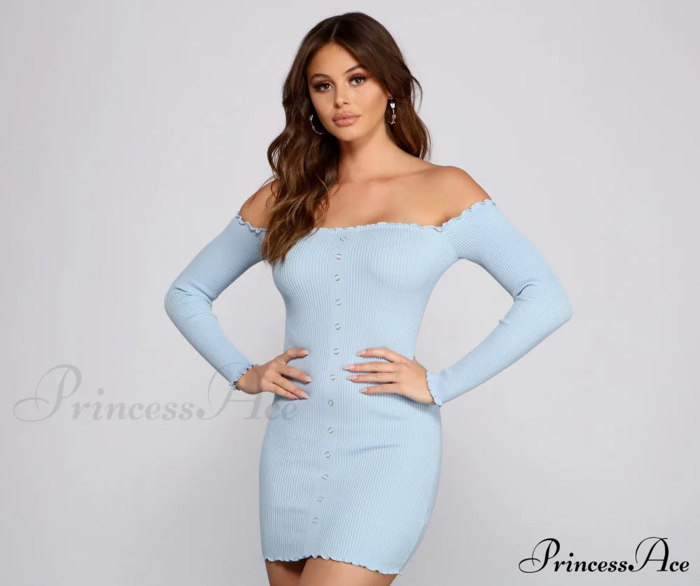 Button Down Chic Charming Ribbed Mini Dress Light Blue / Xs Sweaters-L
