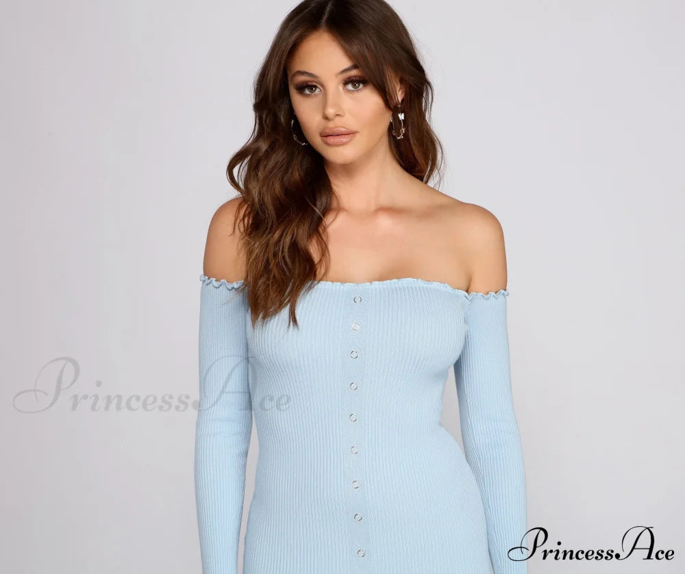 Button Down Chic Charming Ribbed Mini Dress Sweaters-L